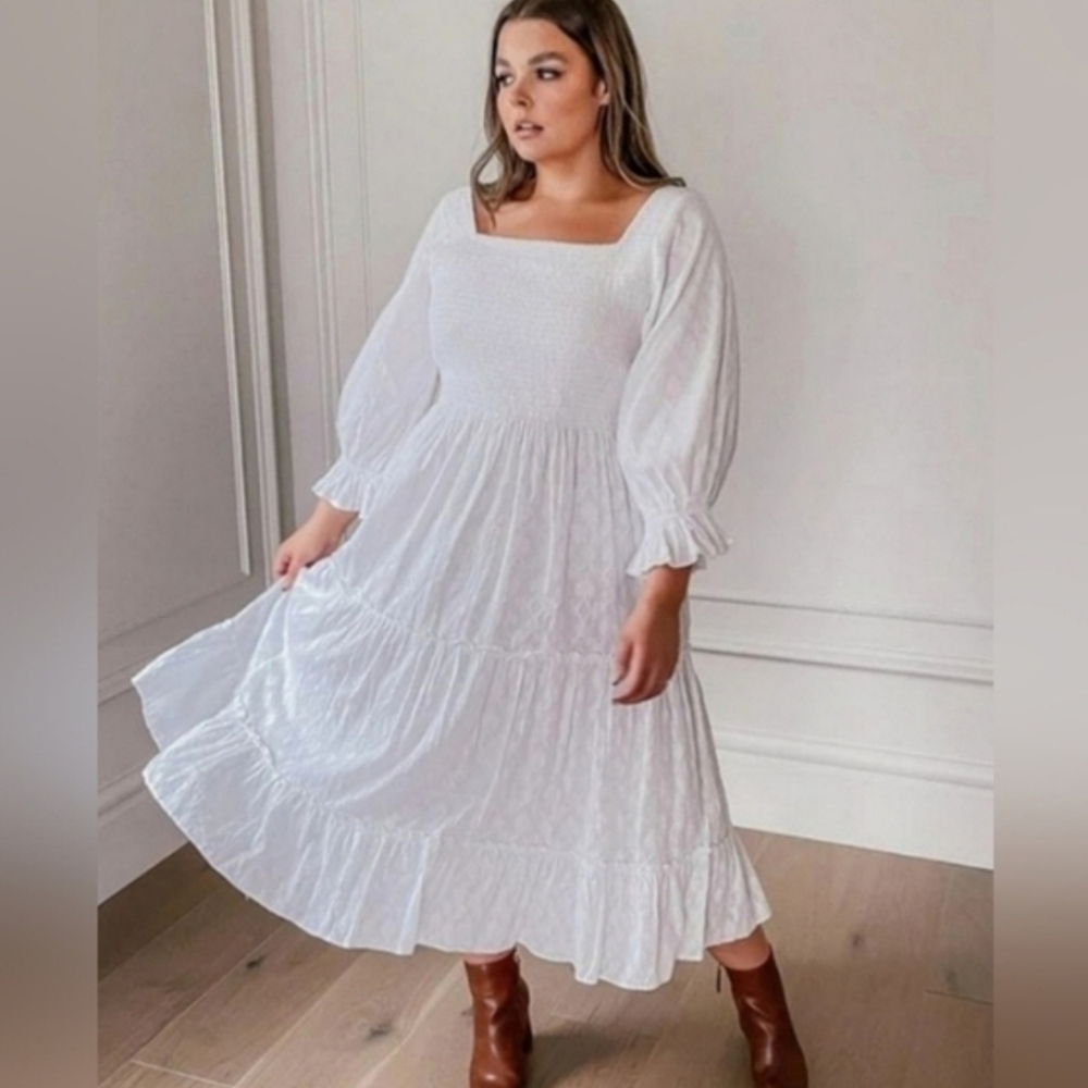 Jessakae Collection Carefree Smocked Midi Dress Sz 1X White Jacquard Cottagecore